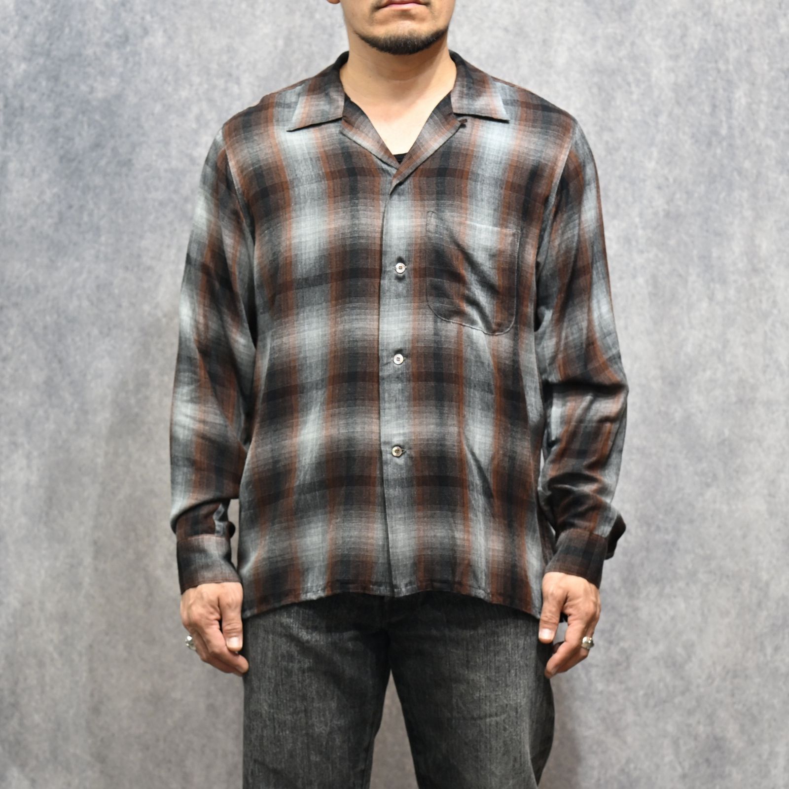 T.Rayon Ombre Open Collar Shirt （BRT / ブラウン）｜オンブレーチェックシャツ｜MDFBF09501