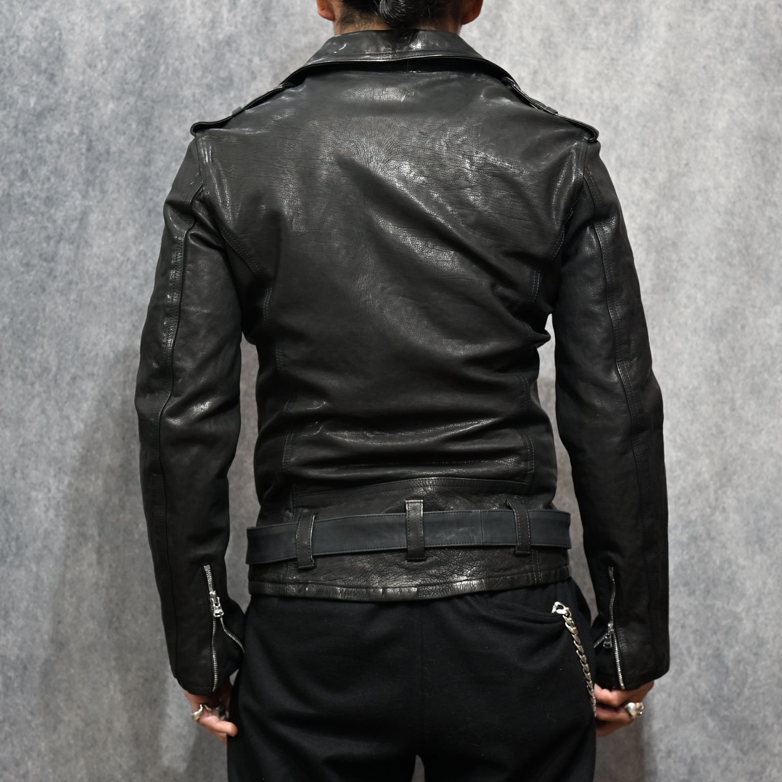 ジャパンカーフ タンニン鞣し 製品洗い ダブルライダース （BLACK） 1927-07