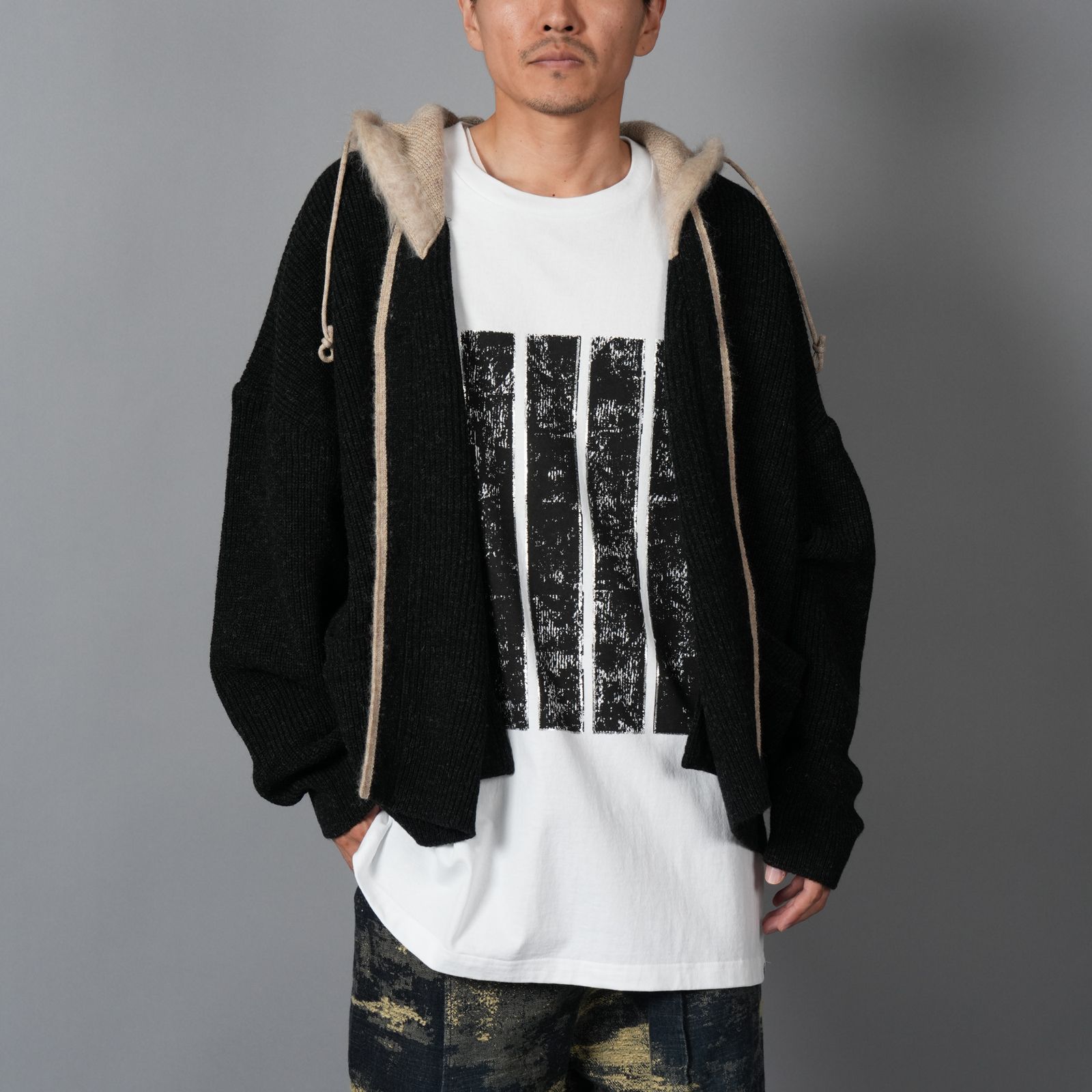 【ラスト1点】HOODED CARDIGAN / フーデッド カーディガン  (ブラック/ベージュ)