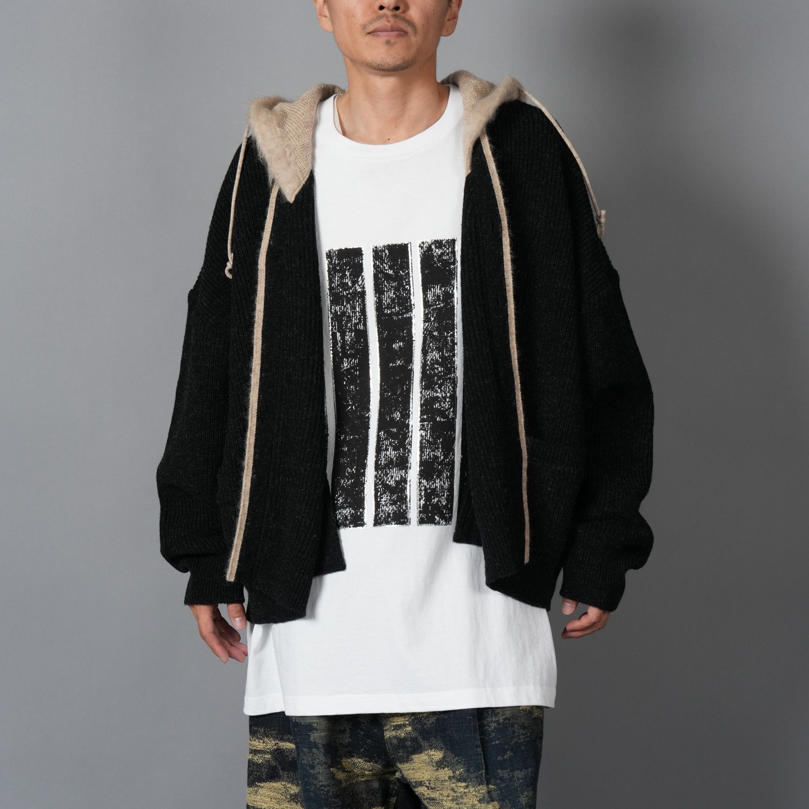 【ラスト1点】HOODED CARDIGAN / フーデッド カーディガン  (ブラック/ベージュ)