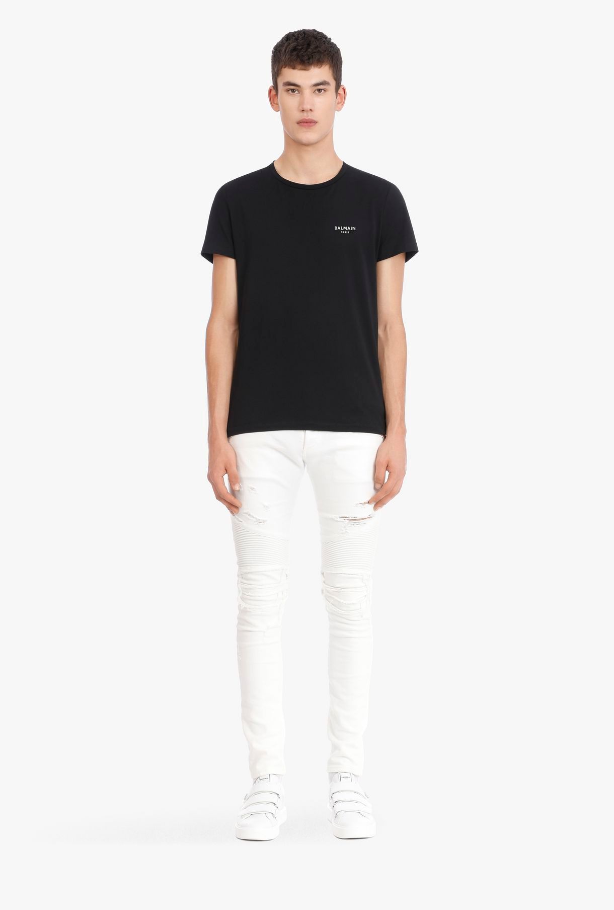 Tシャツ・カットソー BALMAIN Velvet logo t-shirt White/Black EH1EG010BB17 BALMAIN - 【ラスト1点】White Cotton T-shirt Black Balmain