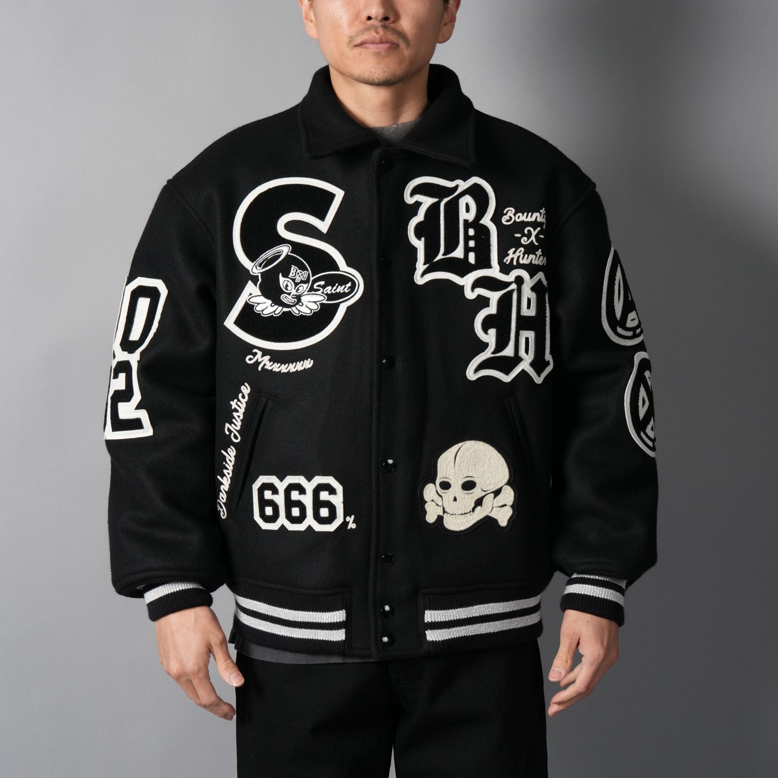 【残りわずか】【コラボ】SM-MK8-0000-C34 / BH_VARSITY JKT / SNT HUNTER / BLK / スタジャン (ブラック)