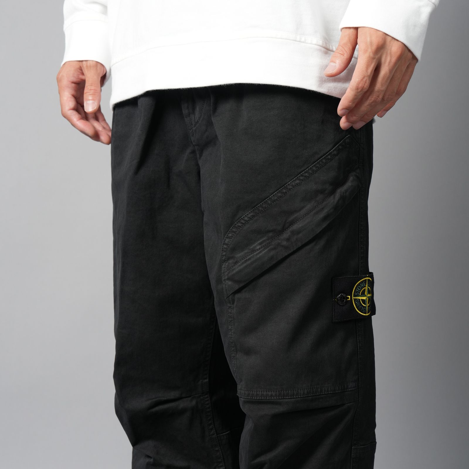 3100036  / STRETCH ORGANIC BROKEN TWILL COTTON 'OLD' EFFECT / カーゴパンツ  [ガーメントダイ][ルーズフィット][ストレッチ入り]  (ブラック)
