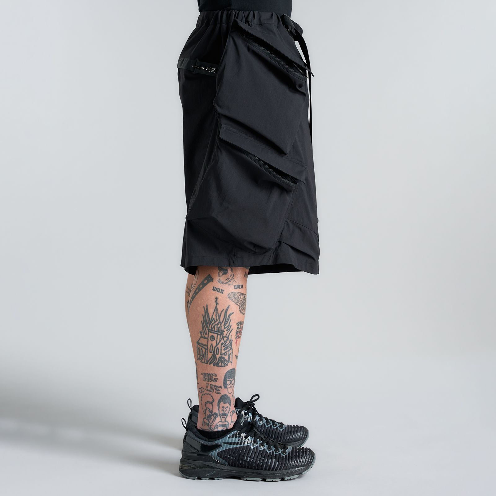 【ラスト1点】SP56A-M / NYLON STRETCH DOUBLE CARGO SHORT PANT / ショートパンツ [ウルトラワイドフィット][ストレッチ入り] (ブラック)