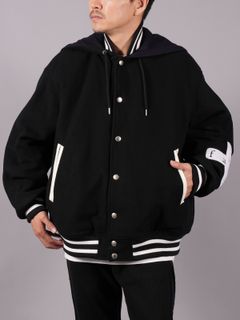 【ラスト1点】HOODED STADIUM JACKET / フーデッド スタジアムジャケット (ブラック)