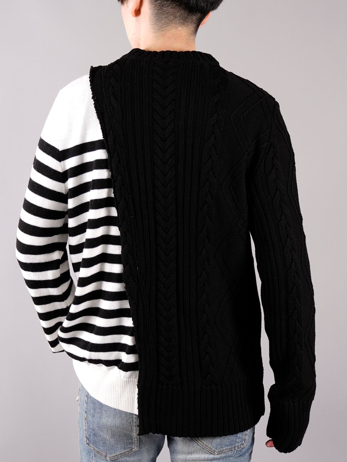 【ラスト1点】BH2 KNIT TOP DECONSTRUCTED / ケーブル ボーダー ニット (クルーネック) / ブラック・ホワイト / メンズ