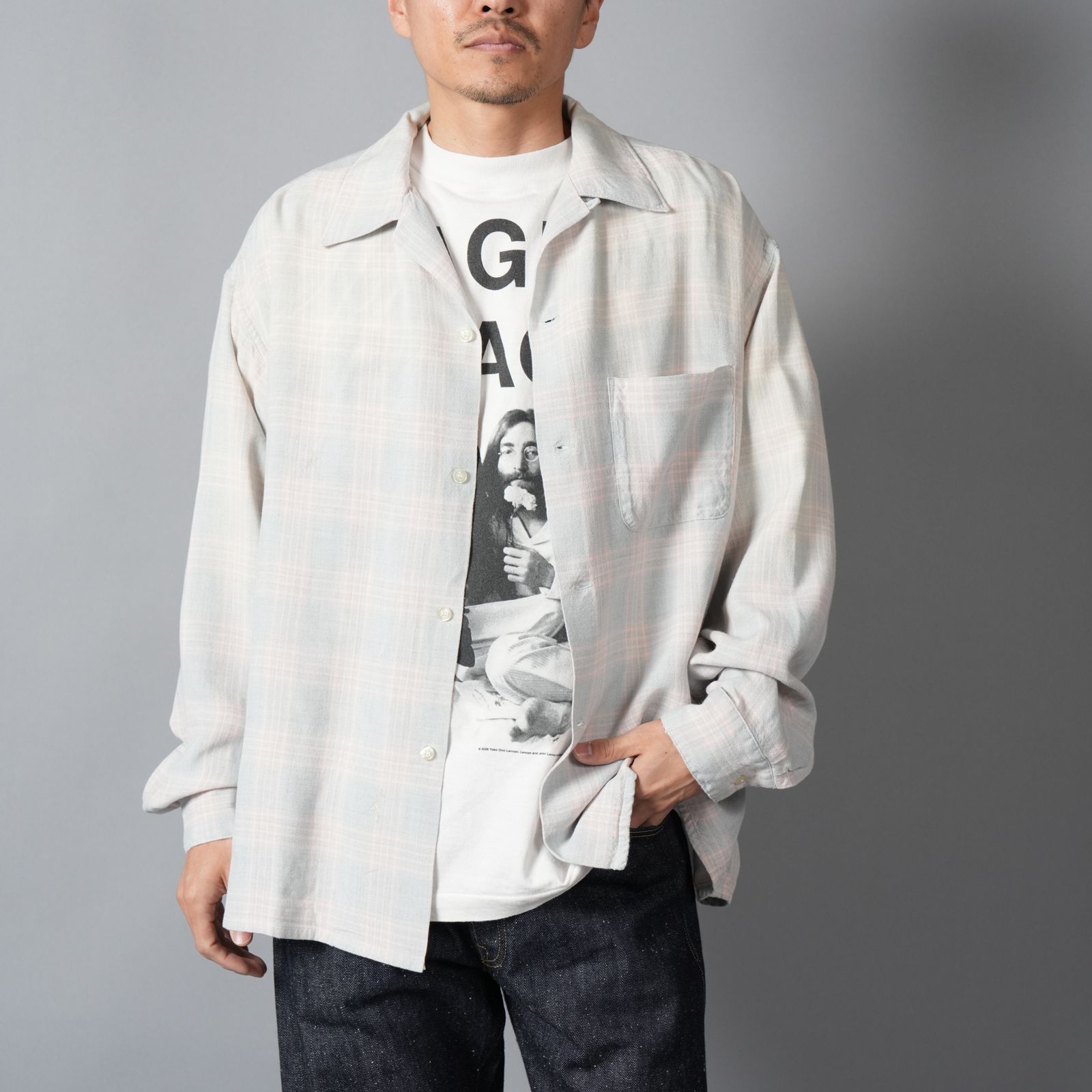 【ラスト1点】SM-MK8-0000-046 / RAYON SHIRT / CHECK / SKY BLUE / ロングスリーブシャツ (ブルー)