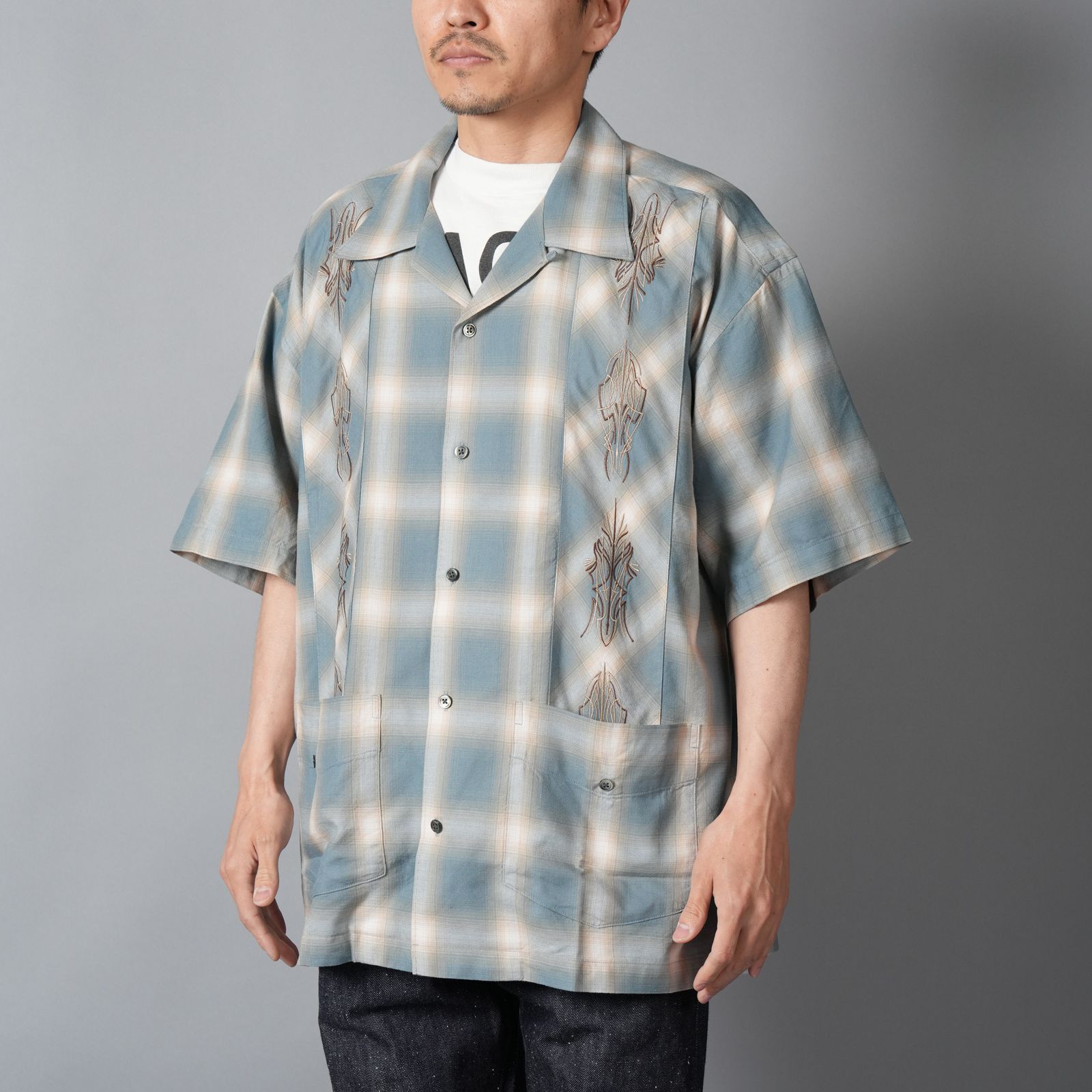 OMBRE PLAID CURBAN SHIRTS (SS)  / 半袖シャツ (ブルー)