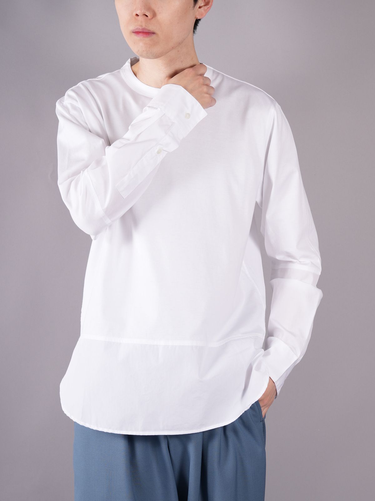 オーガニックコットンジャージー＆ポプリン製Tシャツ (ホワイト) - 48