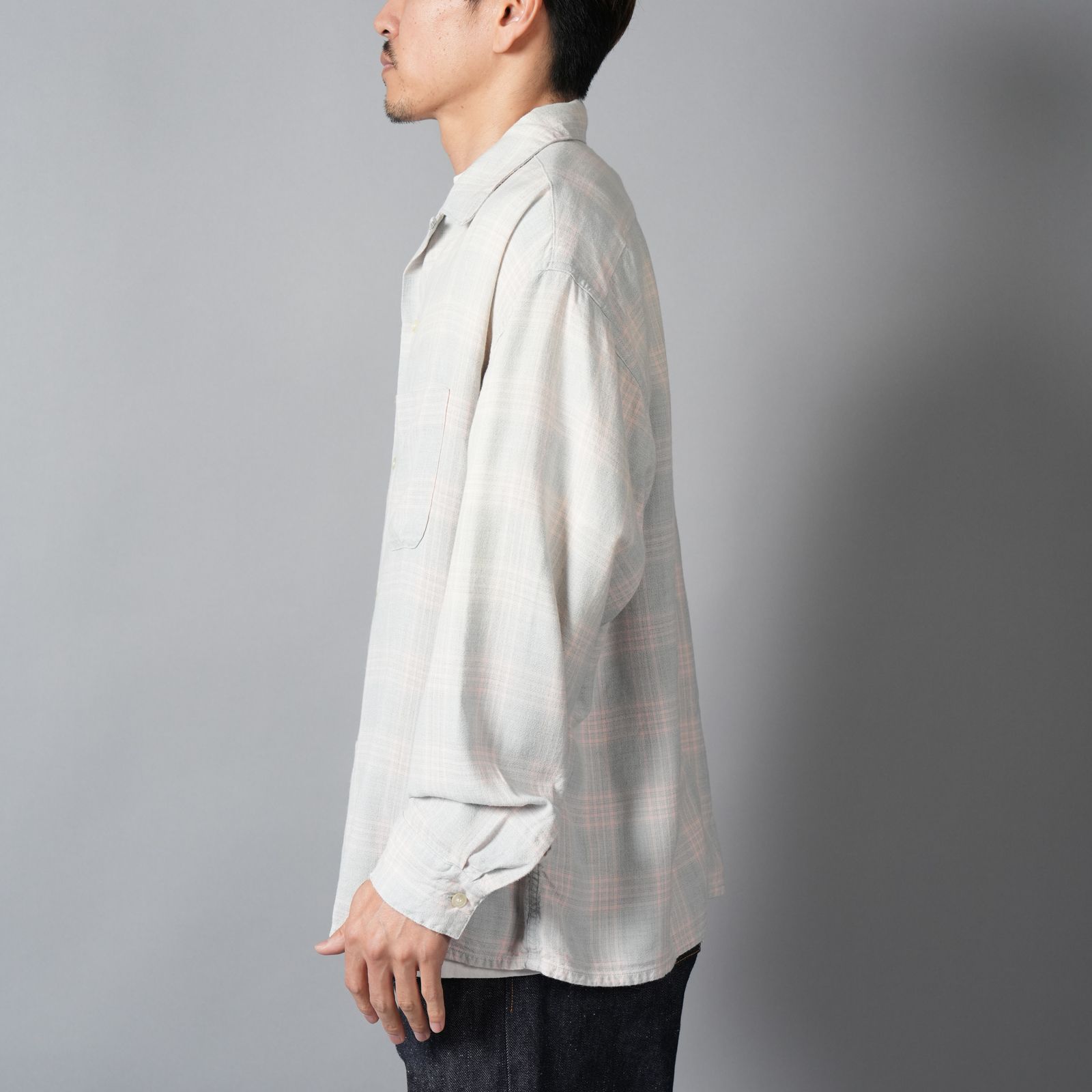 【ラスト1点】SM-MK8-0000-046 / RAYON SHIRT / CHECK / SKY BLUE / ロングスリーブシャツ (ブルー)