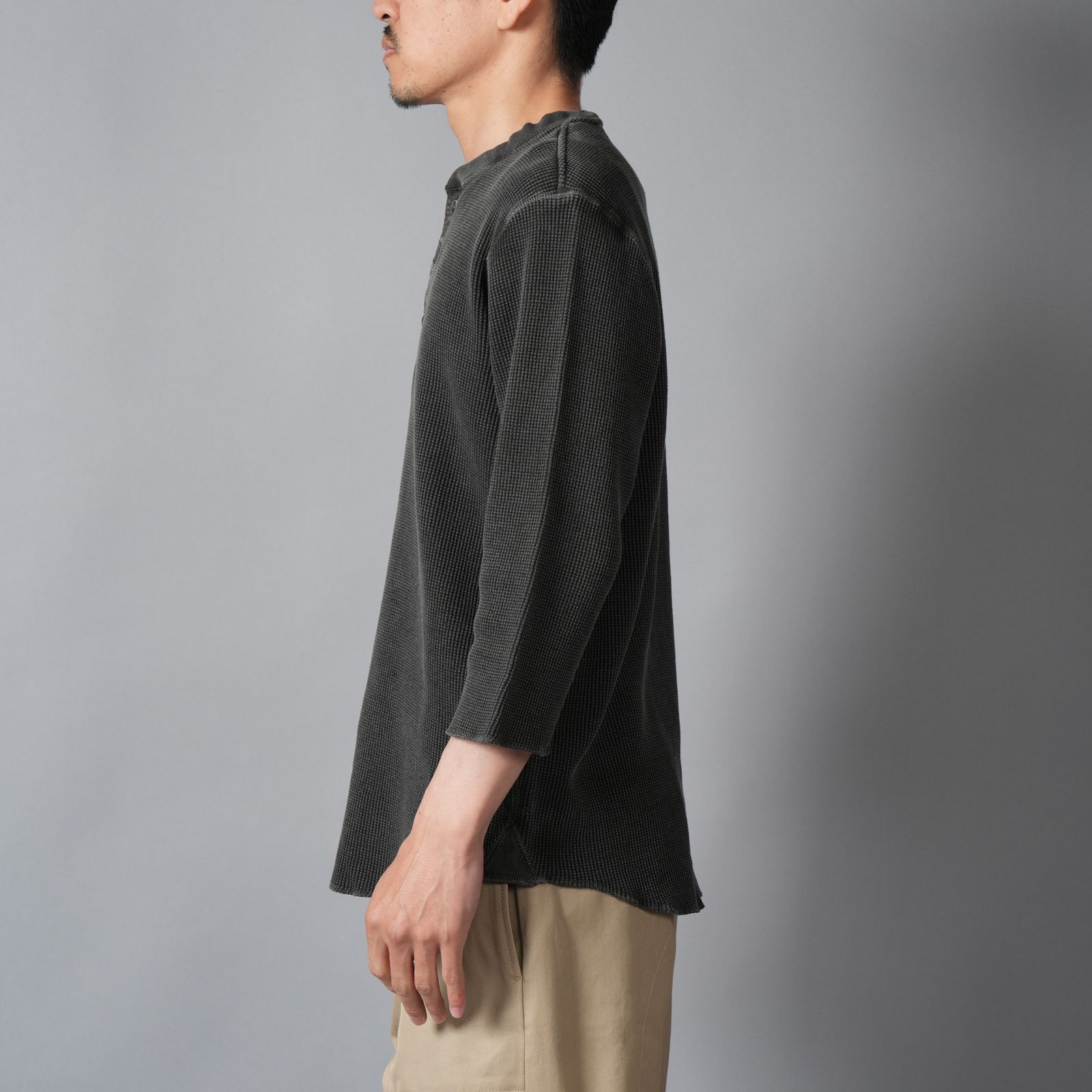 WAFFLE HENLEY (3/4)SLEEVE / ワッフル ヘンリーネック Tシャツ (ブラック)