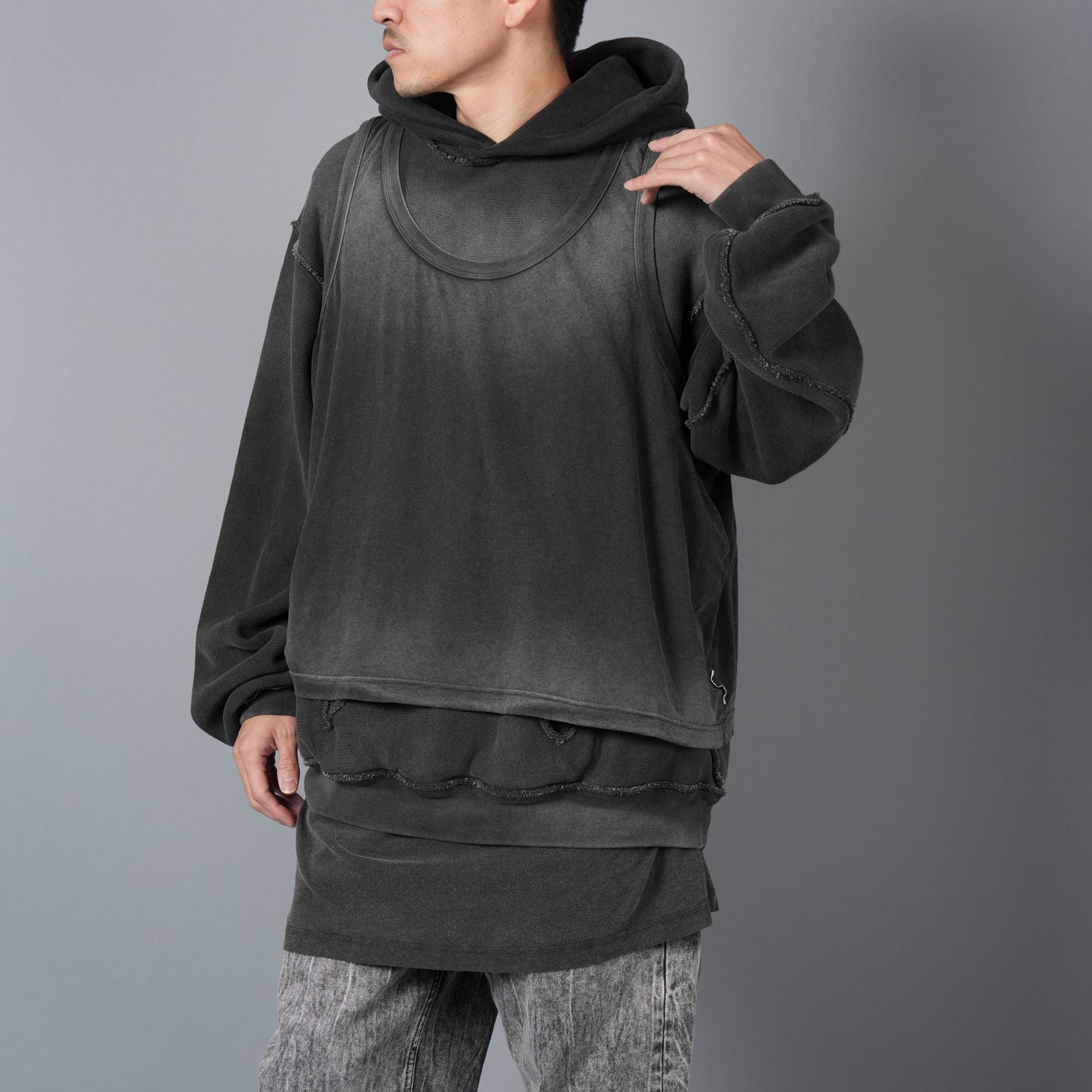 OVERSIZED UNISEX TRIPLE LAYER HOODIE / コットン オーバーサイズ トリプルレイヤー フーディー 【ユニセックス】 (ブラック)