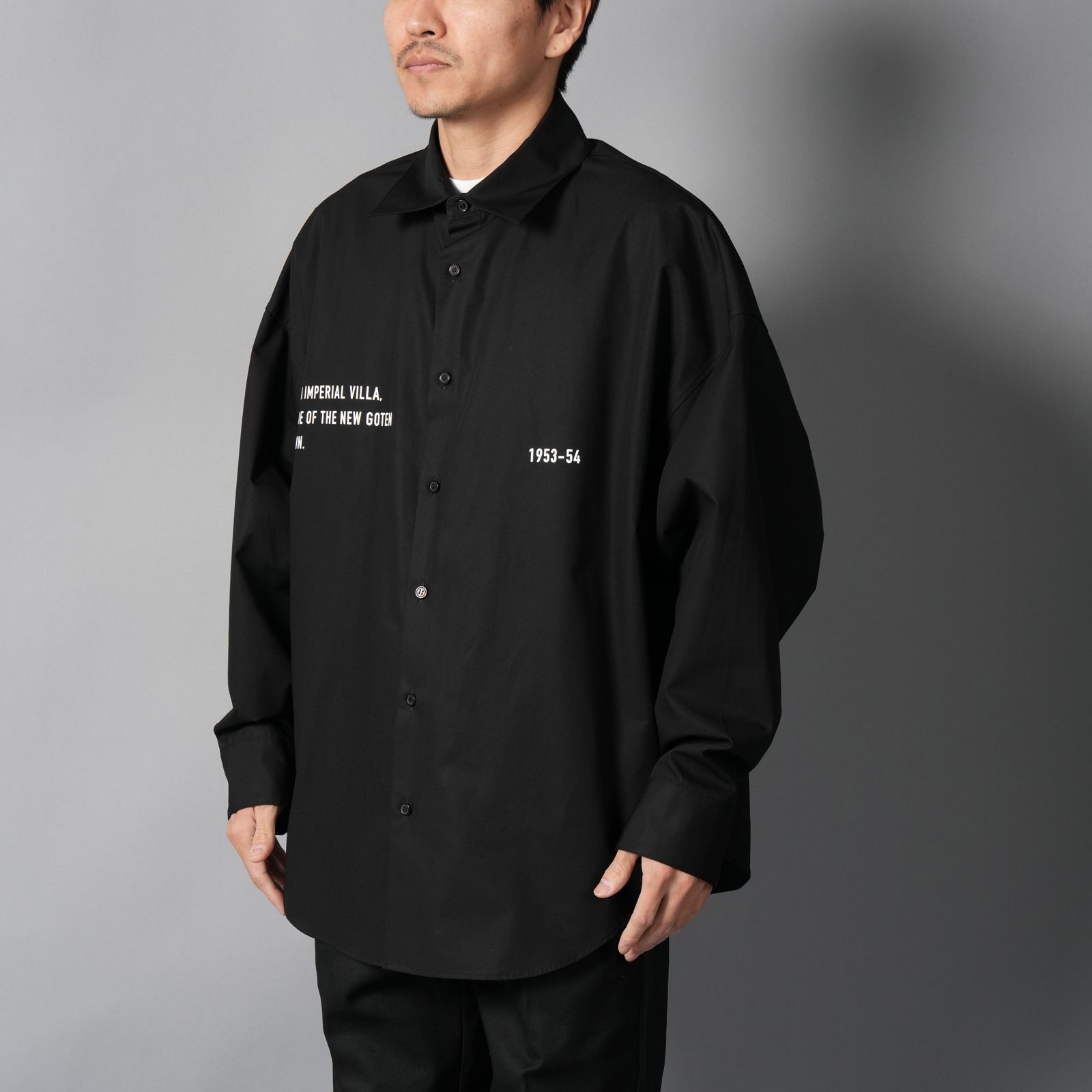 【YASUHIRO ISHIMOTO】WOEVEN KIMONO SLEEVE PRINT SHIRTS / キモノ スリーブ プリントシャツ(ブラック)