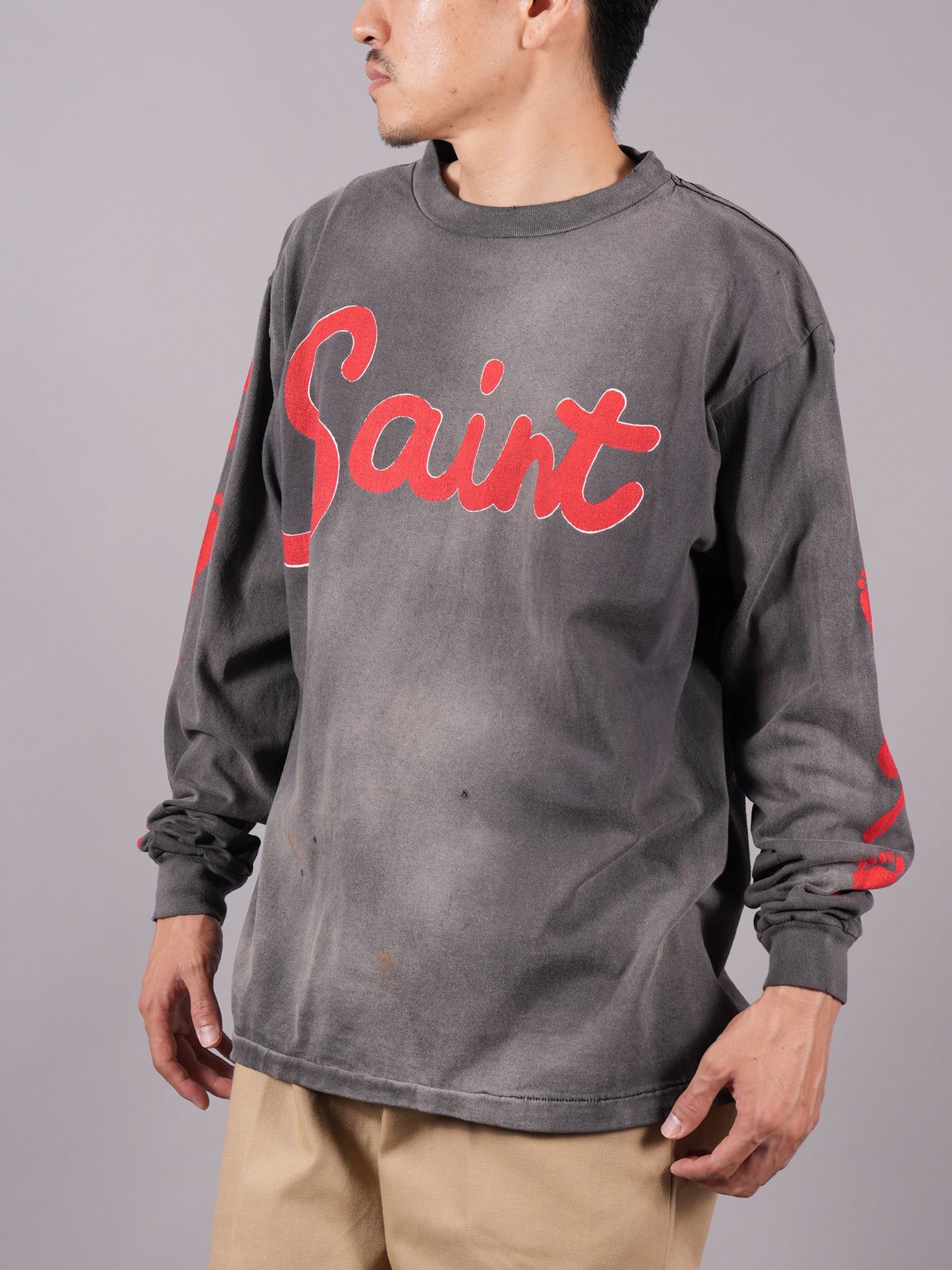 SAINT MICHAEL セントマイケル 23AW SM-A23-0000-011 LS TEE / MASSIVE 加工 ロング Tシャツ 長袖 チャコール系 サイズXL 正規品 / 32552