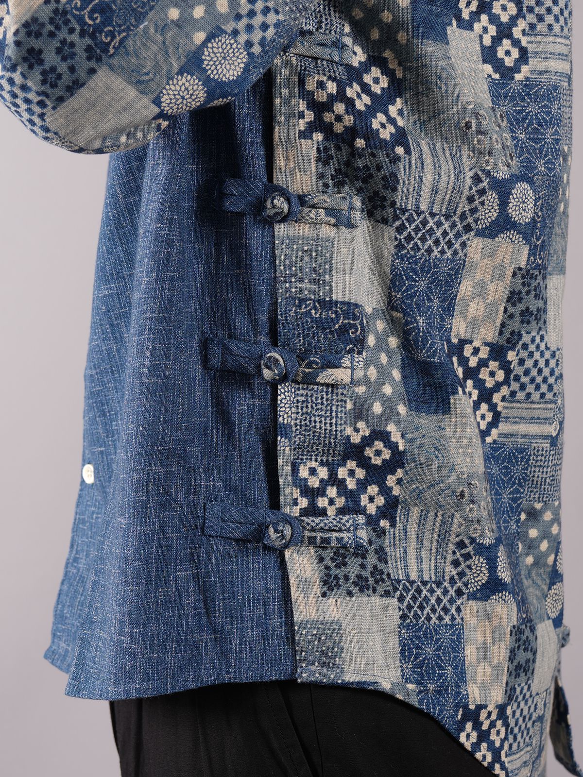 ラスト1点 / BUTTON UP CONTRAST CHINESE SHIRT / ボタンアップ コントラスト チャイニーズシャツ (ブルー)