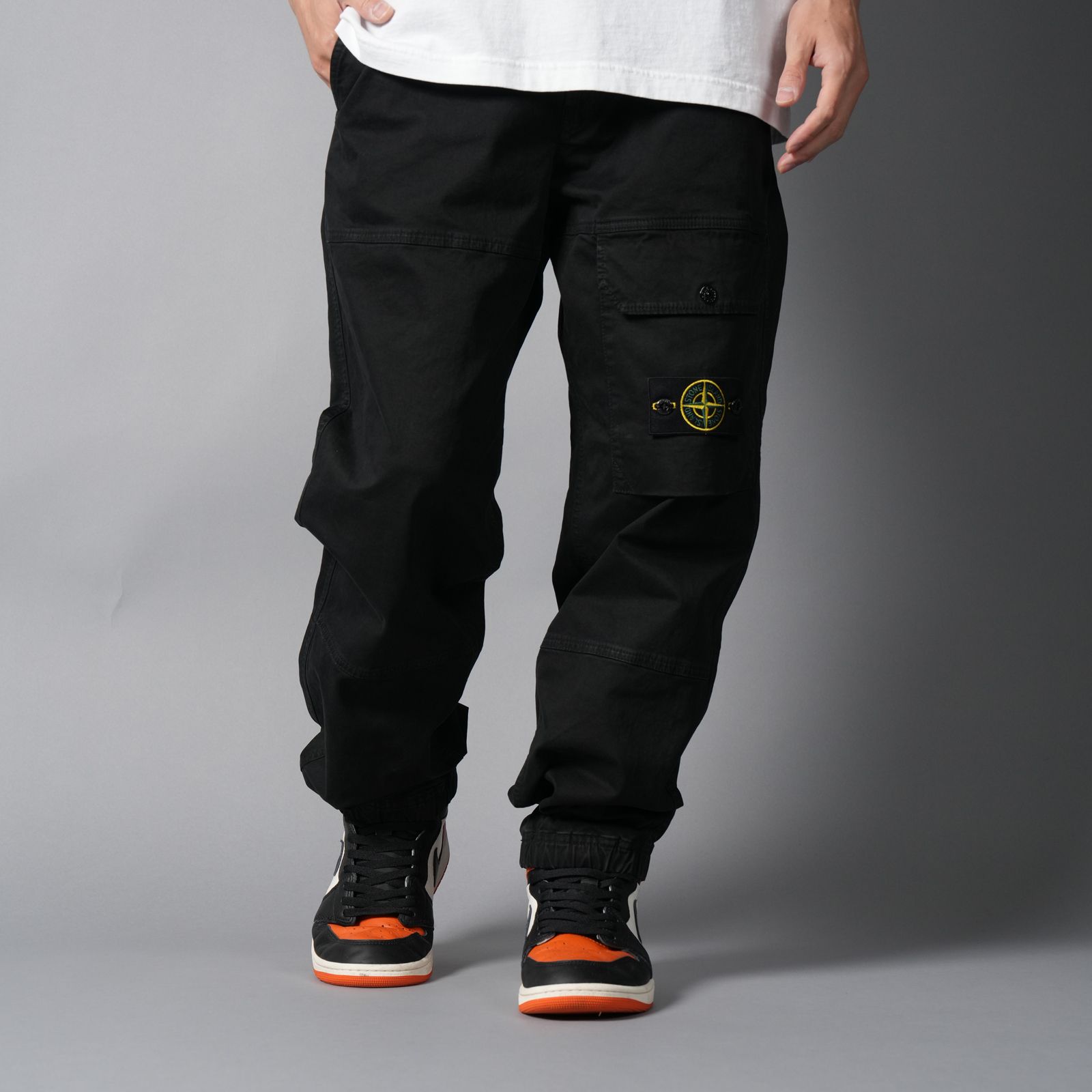 3100010 ORGANIC COTTON STRETCH BROKEN TWILL 'OLD' EFFECT / カーゴパンツ (ガーメントダイ) (ブラック)