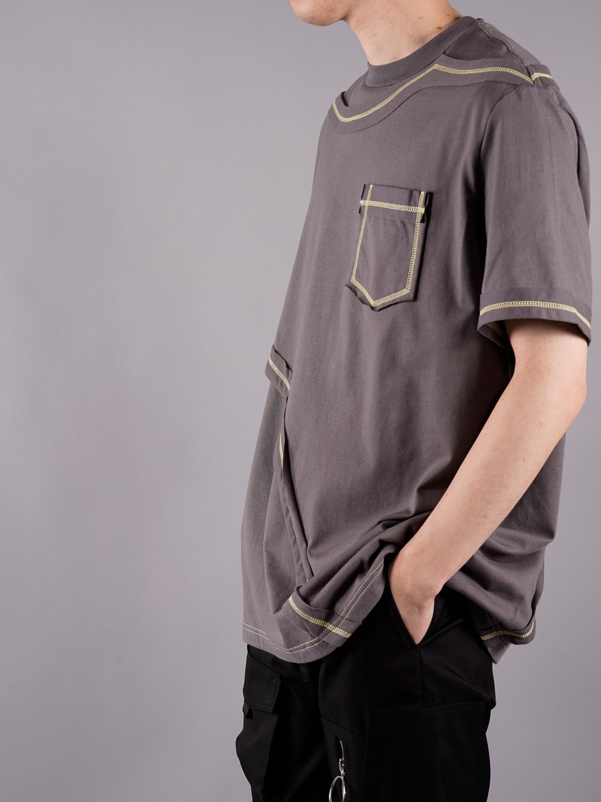 CONTRAST LAYERED T-SHIRT NAVY / レイヤード Tシャツ (ルーズフィット) / グレー - M