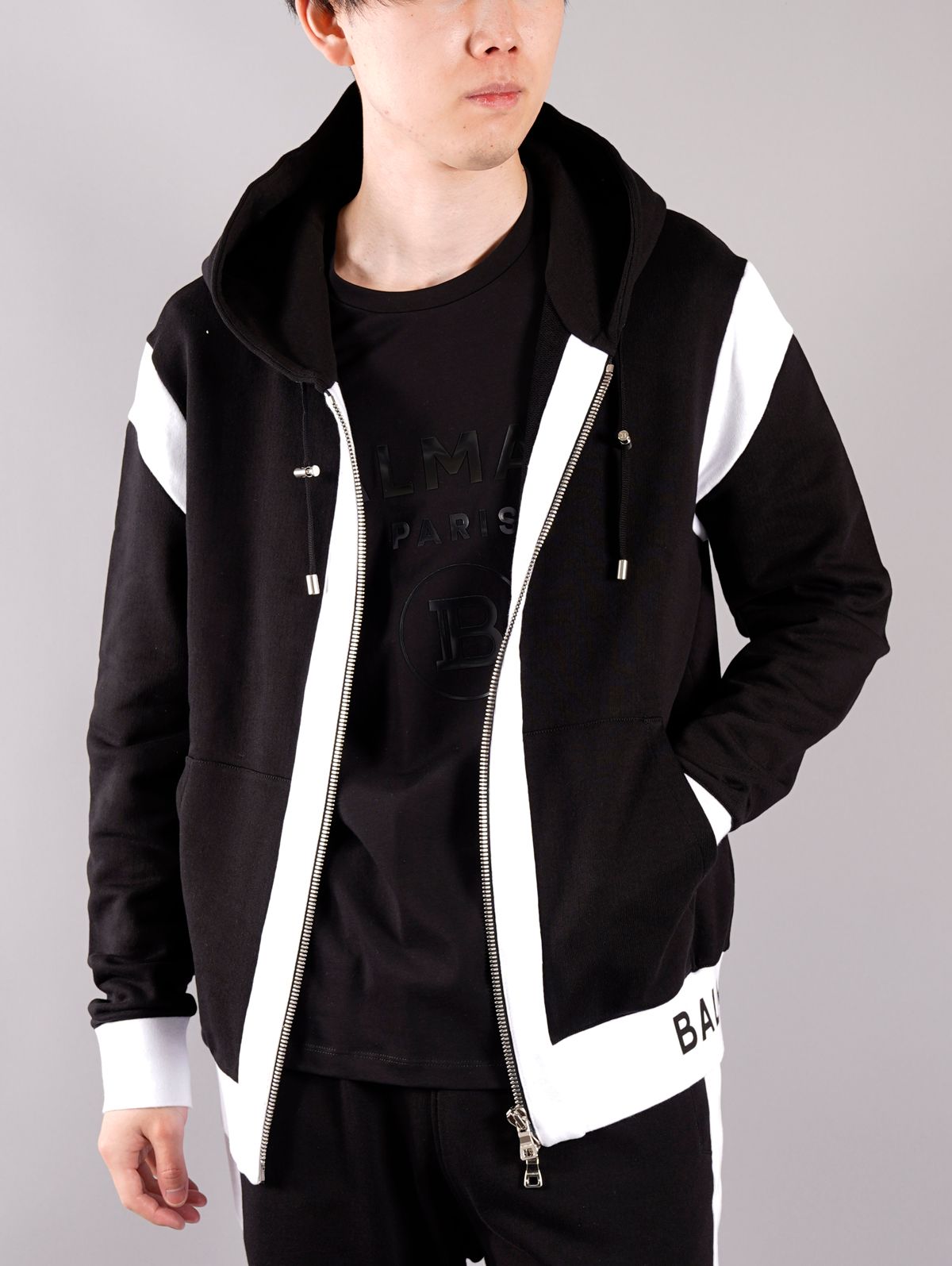 【ラスト1点】BH2-HOODIE-BALMAIN RIBBED / スウェット フーディー (パーカー) / ブラック / メンズ