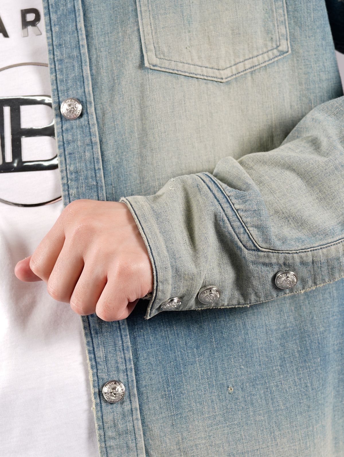 【ラスト1点】BH2 SHIRTS DENIM - デニムシャツ (長袖) / ブルー / ダメージ加工 / メンズ