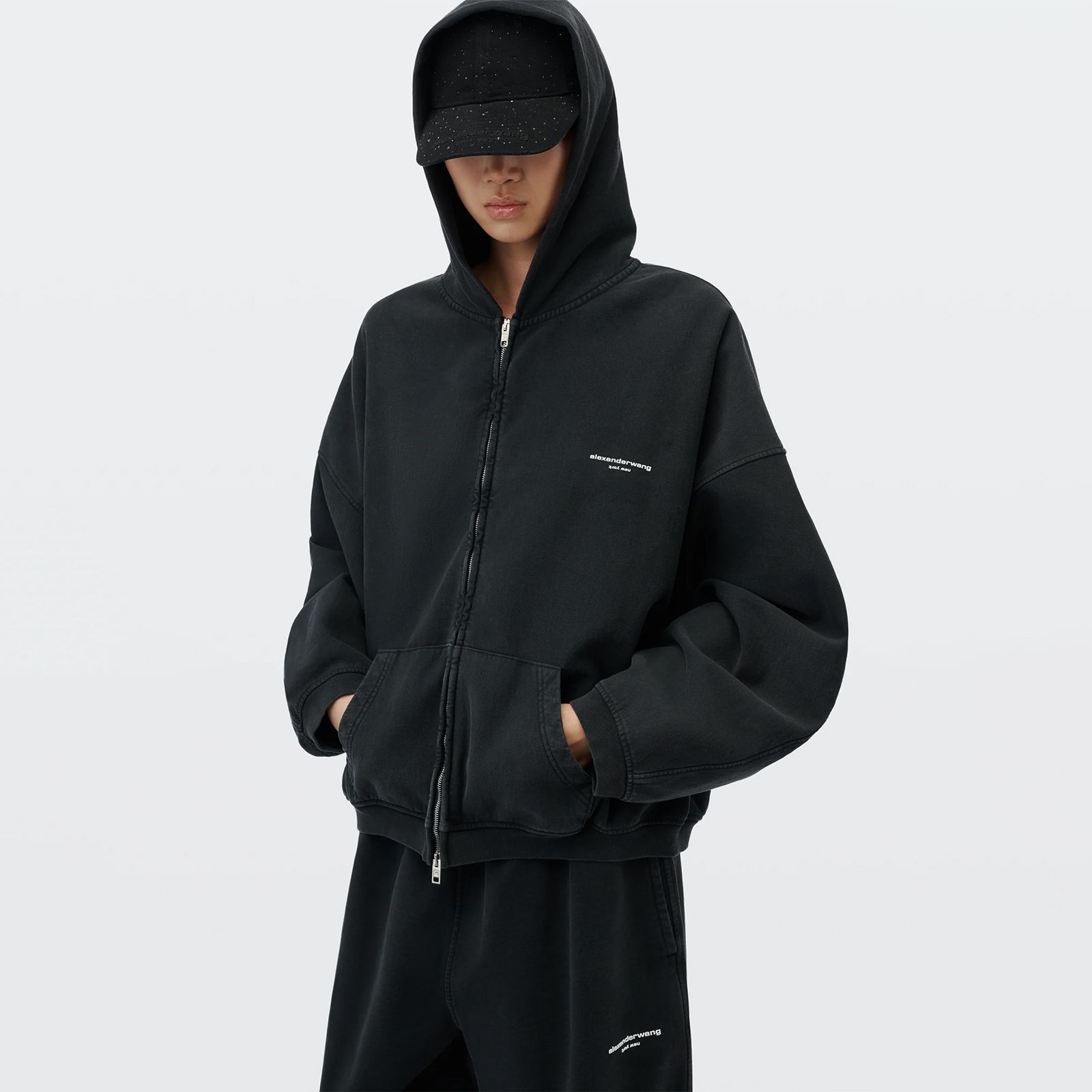 OVERSIZED ZIP-UP HOODIE W/ LOGO PRINT / オーバーサイズ ジップアップフーディー ロゴプリント / ジップアップパーカー (ウォッシュドブラック)