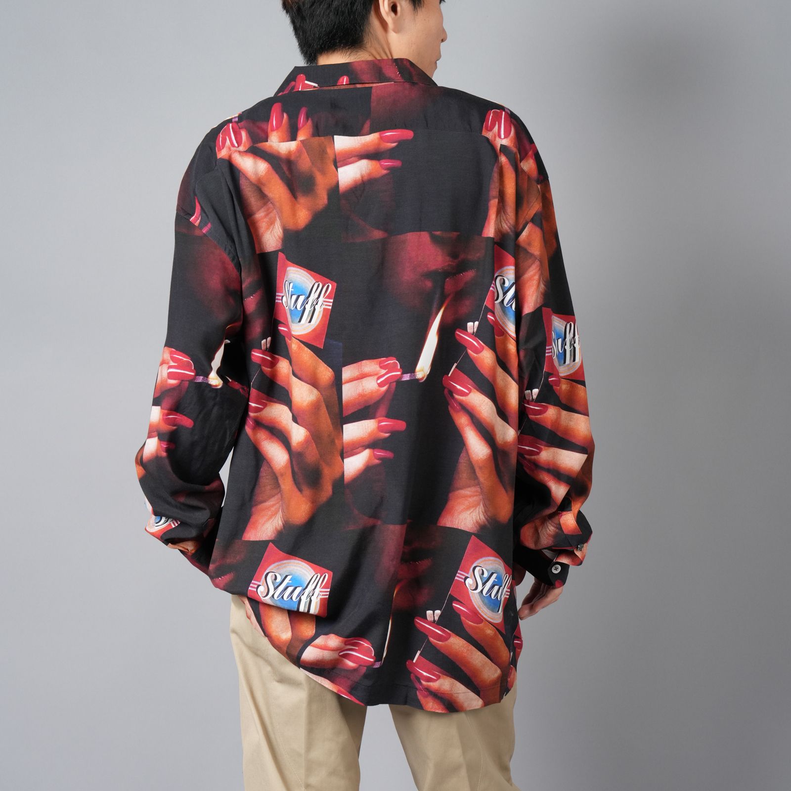 【ラスト1点】PRINTED OPEN COLLOAR SHIRTS L/S "STUFF" オープンカラーシャツ (ブラック)