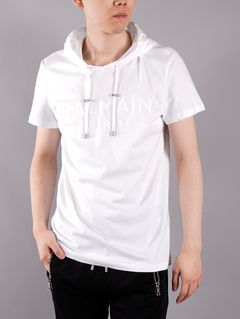 【ラスト1点】HOODED BALMAIN SHORT SLEEVE / ロゴ Tシャツ フーディー / ホワイト / コットン / メンズ