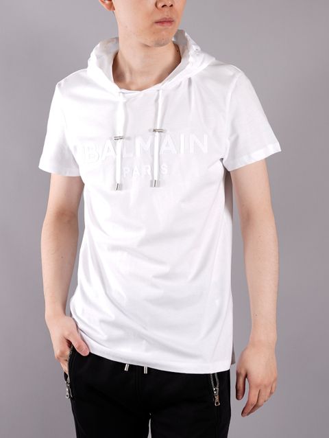 【ラスト1点】HOODED BALMAIN SHORT SLEEVE / ロゴ Tシャツ フーディー / ホワイト / コットン / メンズ