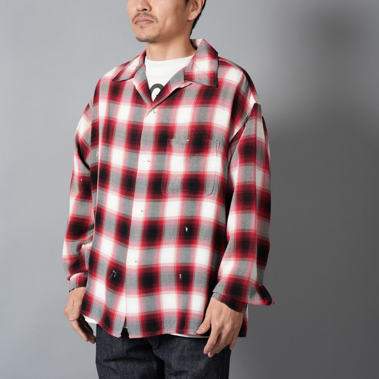 【ラスト1点】SM-MK8-0000-045 / RAYON SHIRT / CHECK / RED / ロングスリーブシャツ (レッド)