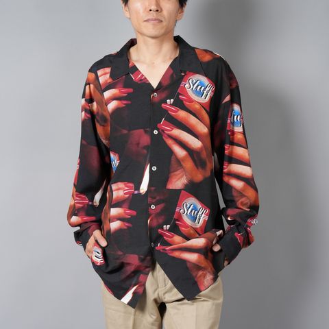 【ラスト1点】PRINTED OPEN COLLOAR SHIRTS L/S "STUFF" オープンカラーシャツ (ブラック)