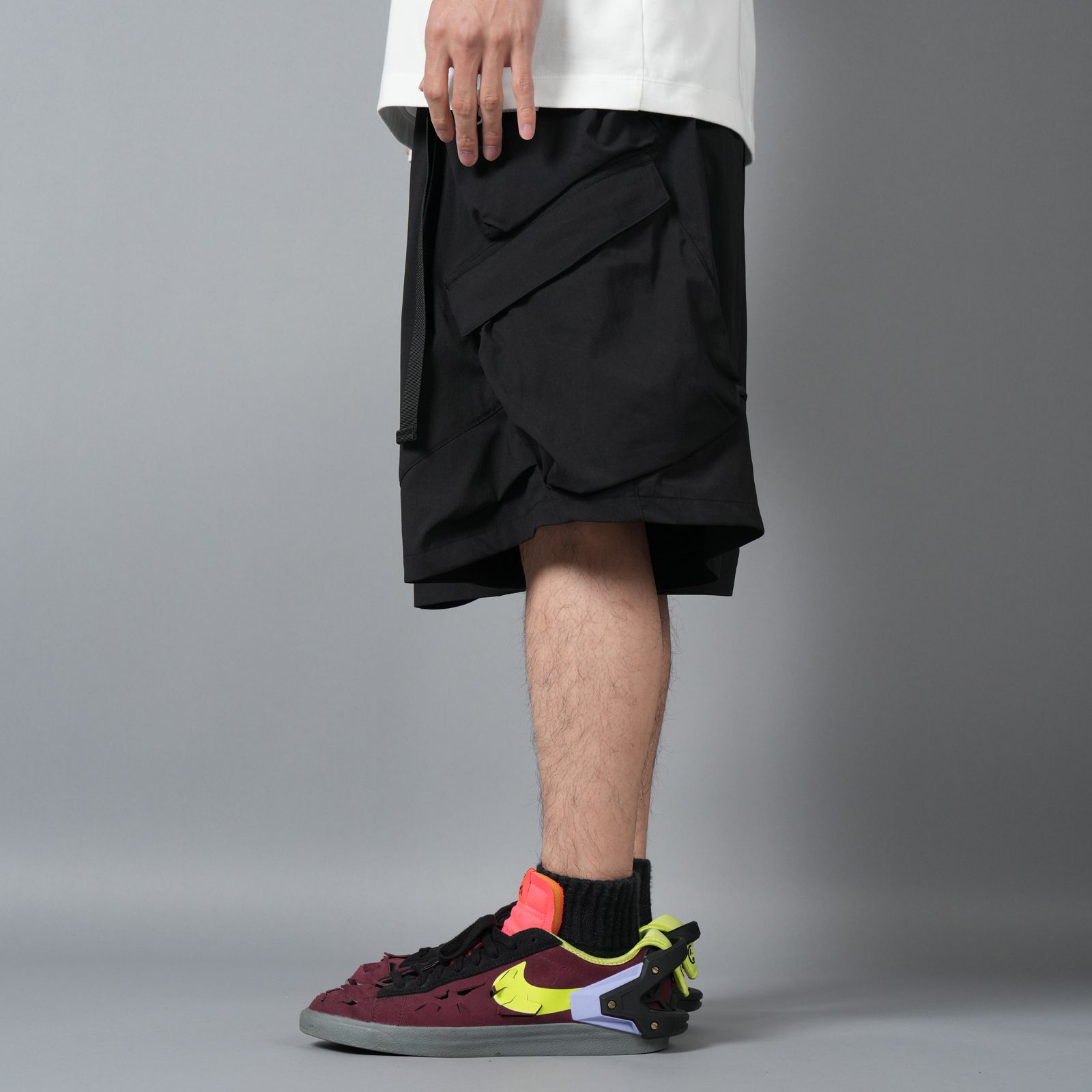 【ラスト1点】SP56A-M / NYLON STRETCH DOUBLE CARGO SHORT PANT / ショートパンツ [ウルトラワイドフィット][ストレッチ入り] (ブラック)