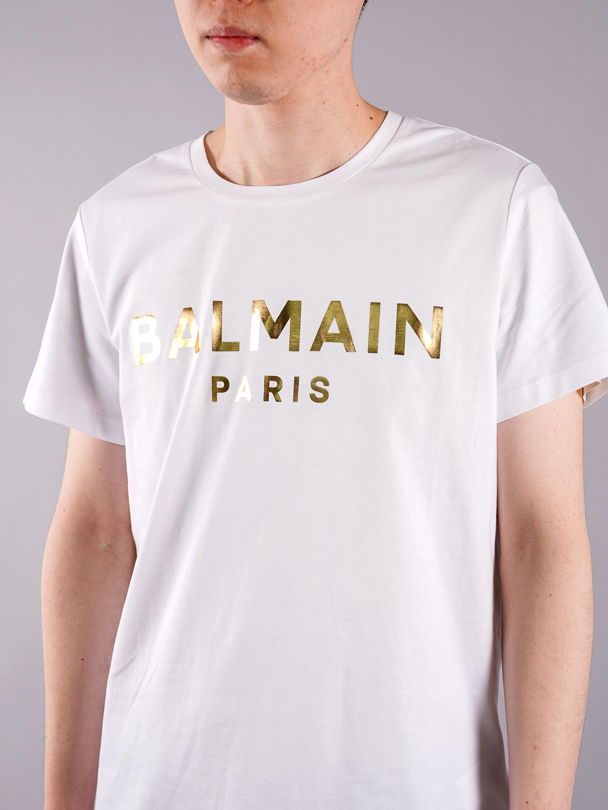 BALMAIN - White Cotton T-shirt Gold Balmain Paris Metallic Logo ...