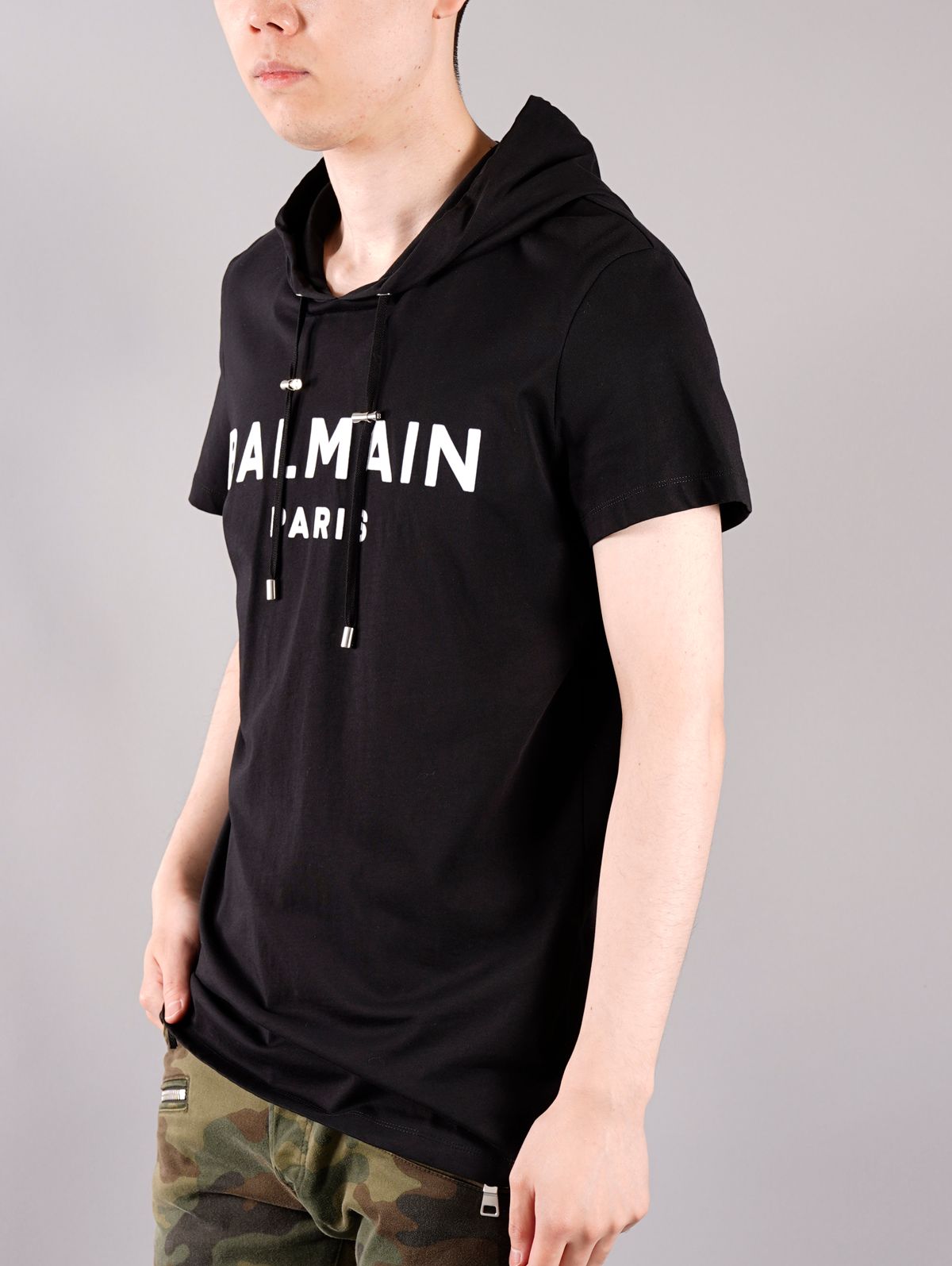 【ラスト1点】HOODED BALMAIN SHORT SLEEVE / ロゴ Tシャツ フーディー / ブラック / コットン / メンズ