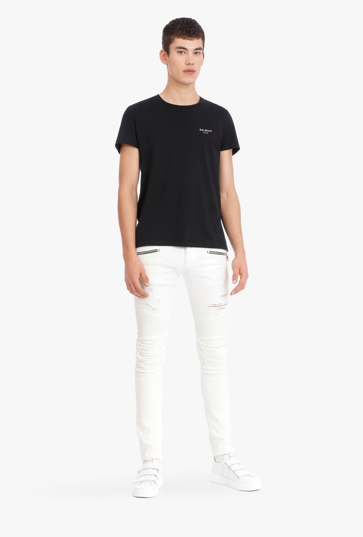 【ラスト1点】Black Cotton T-shirt White Balmain Velvet Logo / ベルベットロゴ コットン Tシャツ / ブラック / 定番商品 / メンズ