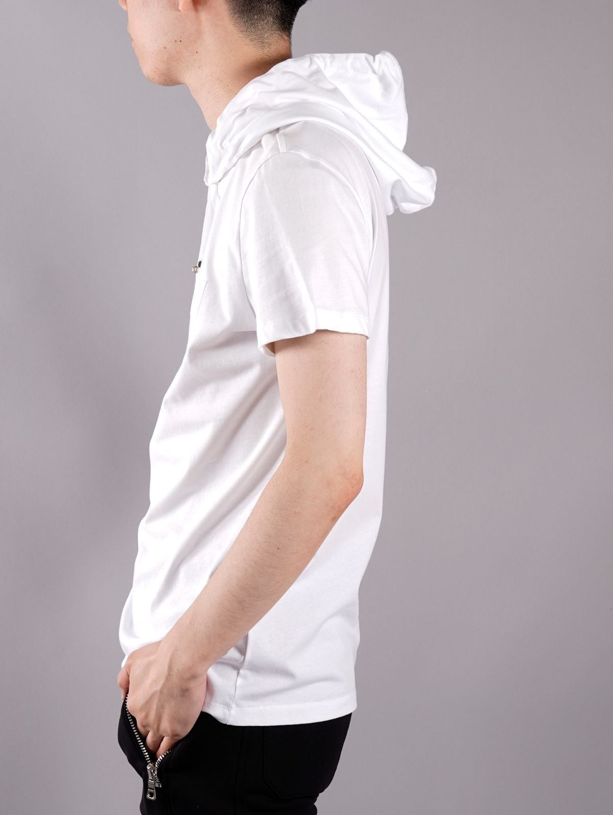 【ラスト1点】HOODED BALMAIN SHORT SLEEVE / ロゴ Tシャツ フーディー / ホワイト / コットン / メンズ