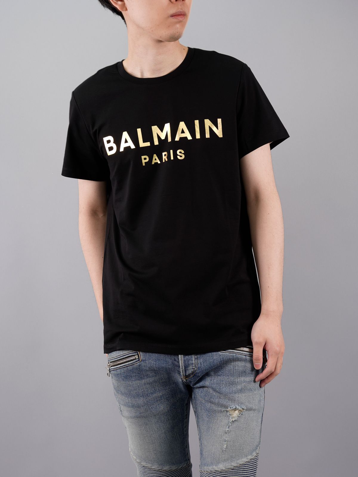 BALMAIN - 【ラスト1点】Black Cotton T-shirt Gold Balmain Paris Metallic Logo
