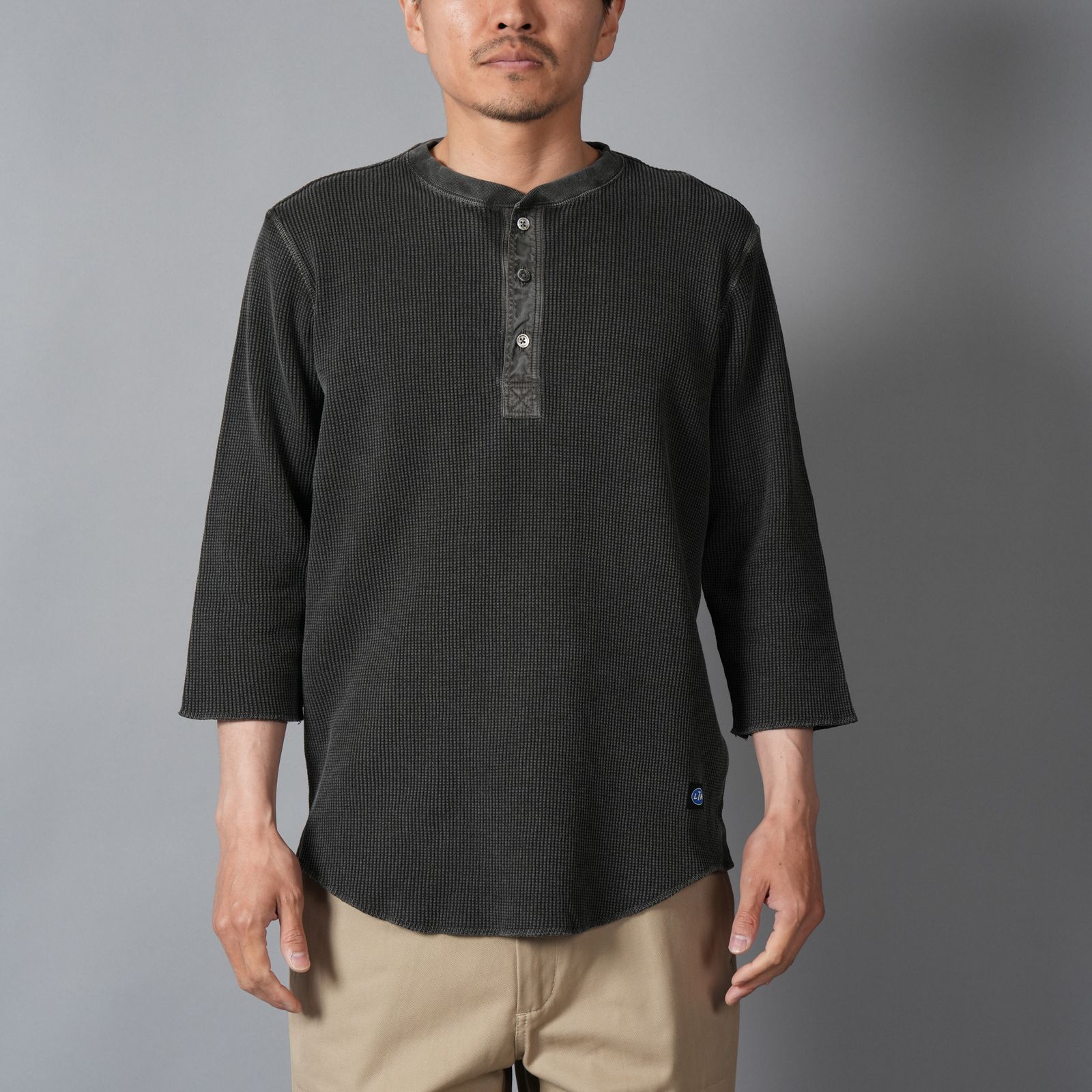WAFFLE HENLEY (3/4)SLEEVE / ワッフル ヘンリーネック Tシャツ (ブラック)