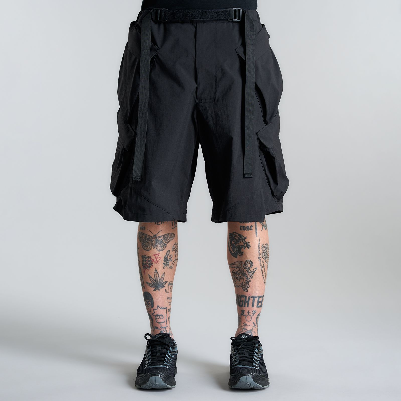 【ラスト1点】SP56A-M / NYLON STRETCH DOUBLE CARGO SHORT PANT / ショートパンツ [ウルトラワイドフィット][ストレッチ入り] (ブラック)