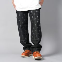 【ラスト1点】LOGO PATTERN DENIM PANTS / ロゴパターン デニムパンツ / ダブルニー (ブラック)