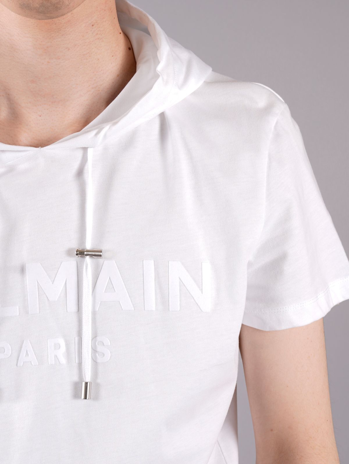 【ラスト1点】HOODED BALMAIN SHORT SLEEVE / ロゴ Tシャツ フーディー / ホワイト / コットン / メンズ