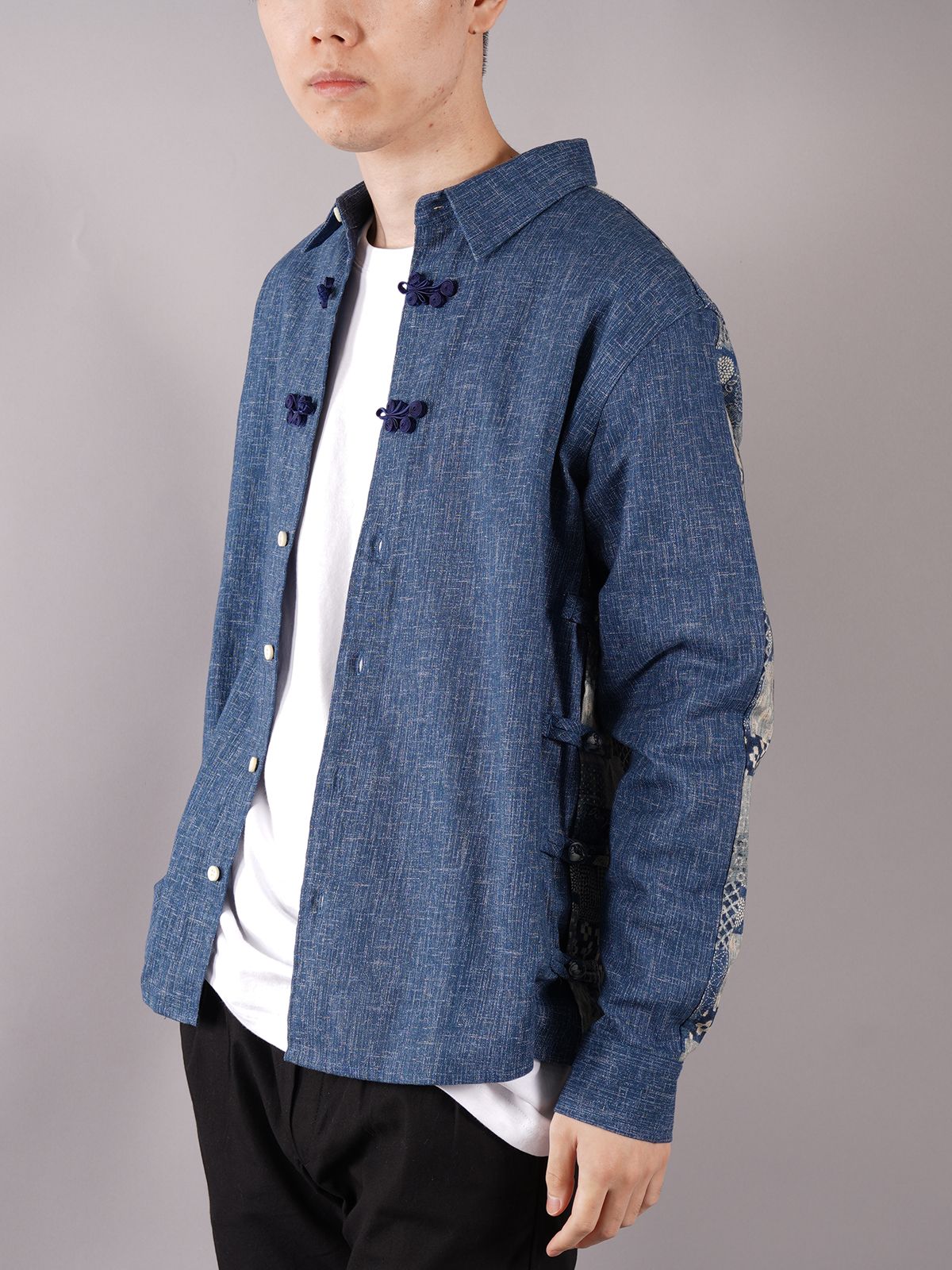 ラスト1点 / BUTTON UP CONTRAST CHINESE SHIRT / ボタンアップ コントラスト チャイニーズシャツ (ブルー)