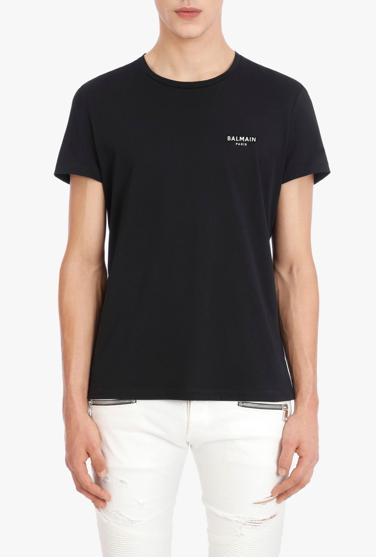 【ラスト1点】Black Cotton T-shirt White Balmain Velvet Logo / ベルベットロゴ コットン Tシャツ / ブラック / 定番商品 / メンズ