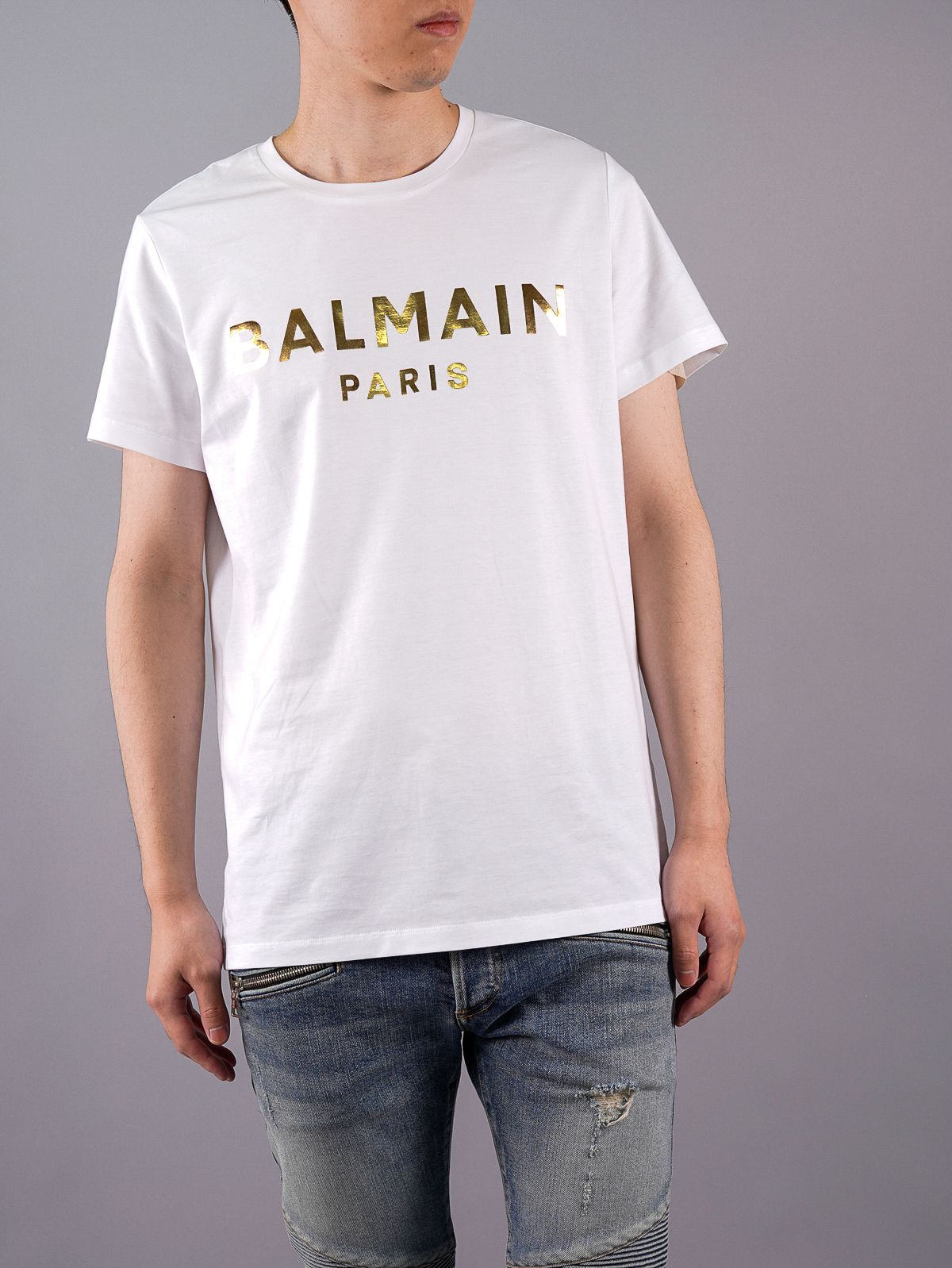 BALMAIN - White Cotton T-shirt Gold Balmain Paris Metallic Logo