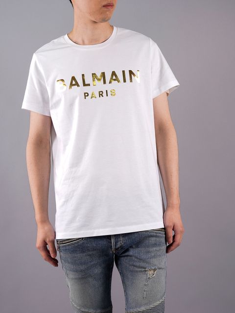 White Cotton T-shirt Gold Balmain Paris Metallic Logo / ロゴ コットン Tシャツ / ホワイト / メンズ