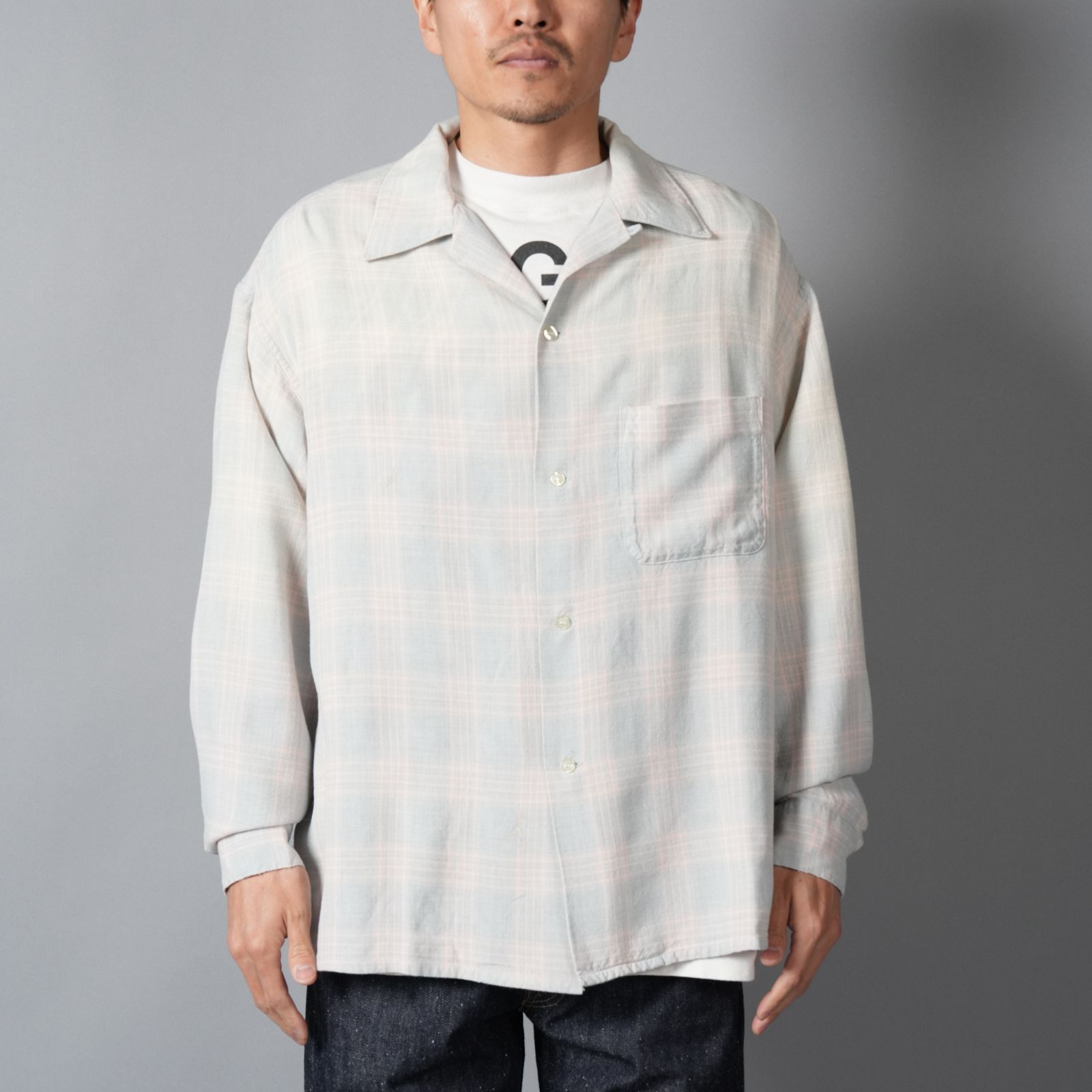 【ラスト1点】SM-MK8-0000-046 / RAYON SHIRT / CHECK / SKY BLUE / ロングスリーブシャツ (ブルー)