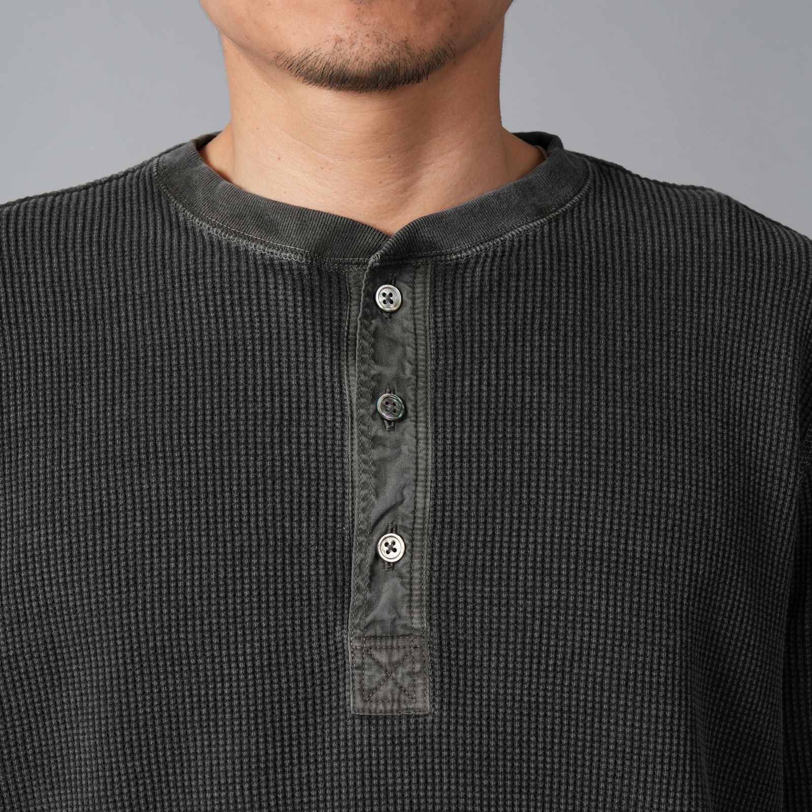 WAFFLE HENLEY (3/4)SLEEVE / ワッフル ヘンリーネック Tシャツ (ブラック)