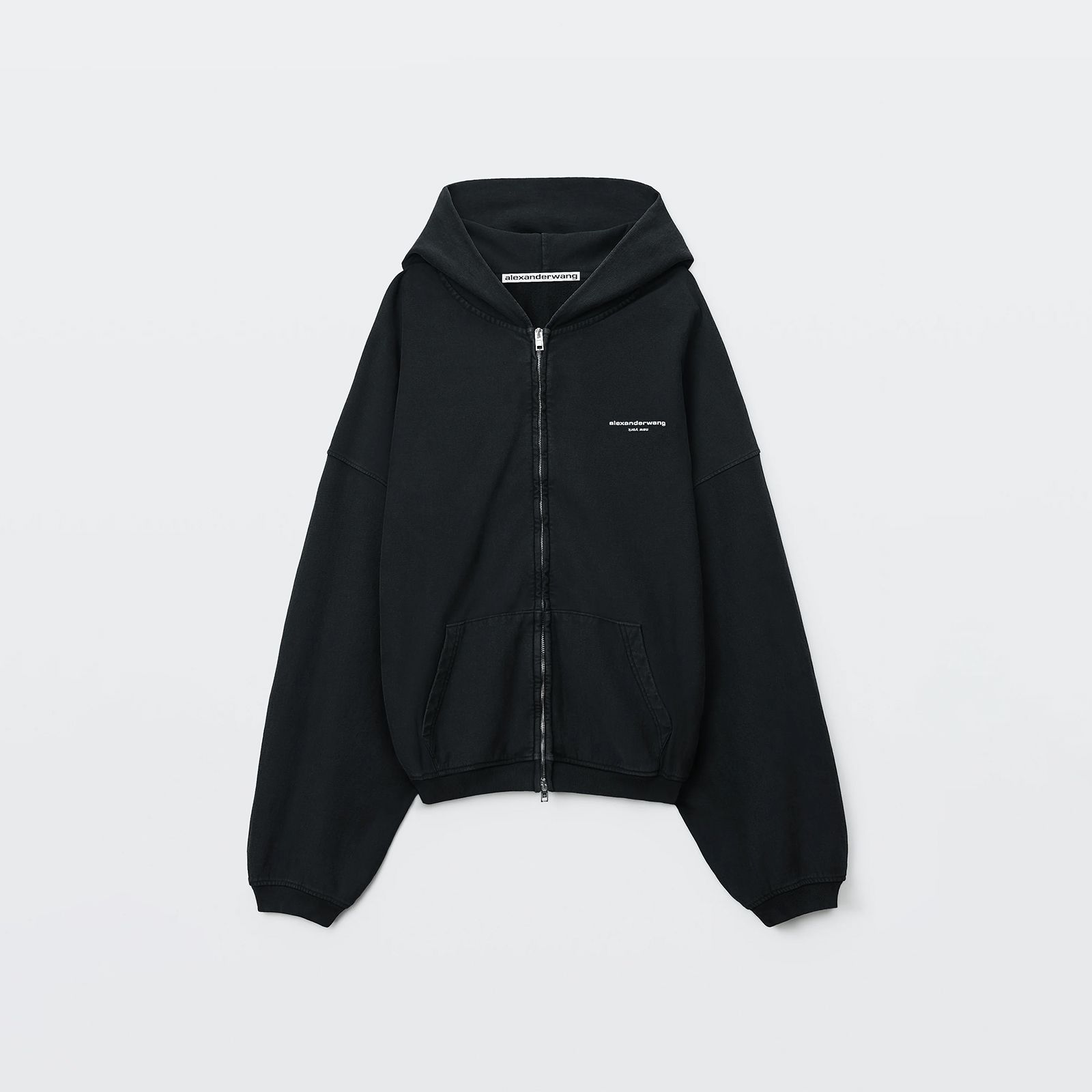 OVERSIZED ZIP-UP HOODIE W/ LOGO PRINT / オーバーサイズ ジップアップフーディー ロゴプリント / ジップアップパーカー (ウォッシュドブラック)
