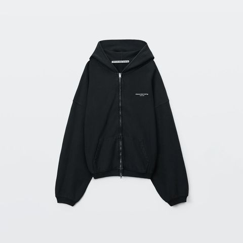 OVERSIZED ZIP-UP HOODIE W/ LOGO PRINT / オーバーサイズ ジップアップフーディー ロゴプリント / ジップアップパーカー (ウォッシュドブラック)