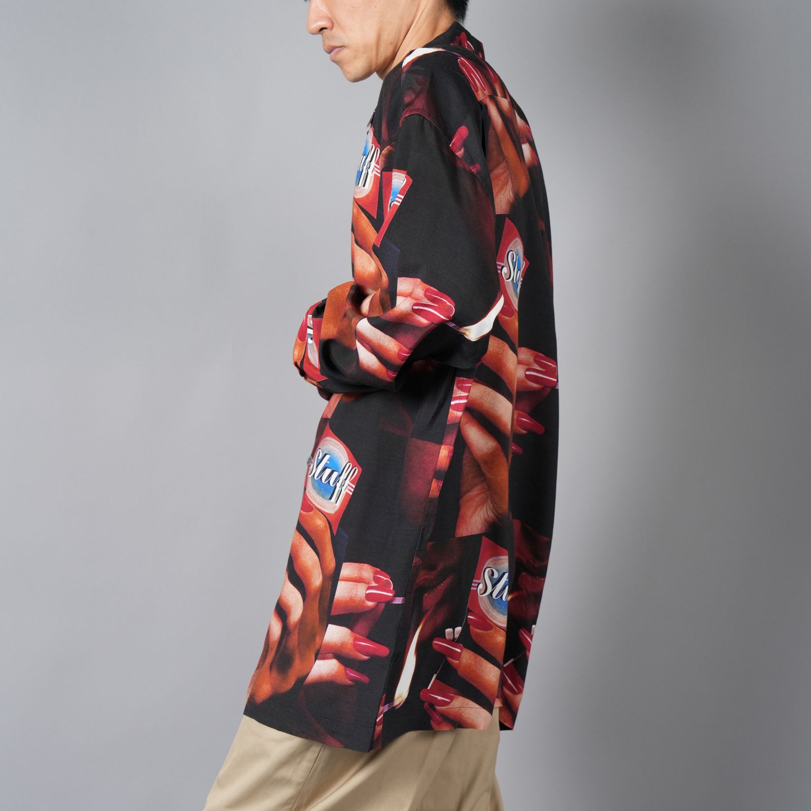 【ラスト1点】PRINTED OPEN COLLOAR SHIRTS L/S "STUFF" オープンカラーシャツ (ブラック)
