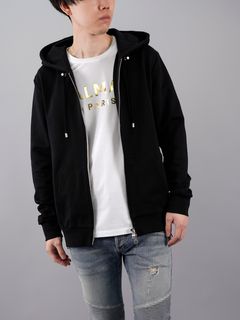 【ラスト1点】Black cotton sweatshirt with white Balmain Paris logo / ロゴプリント スウェットシャツ (パーカー) / ブラック / コットン / メンズ