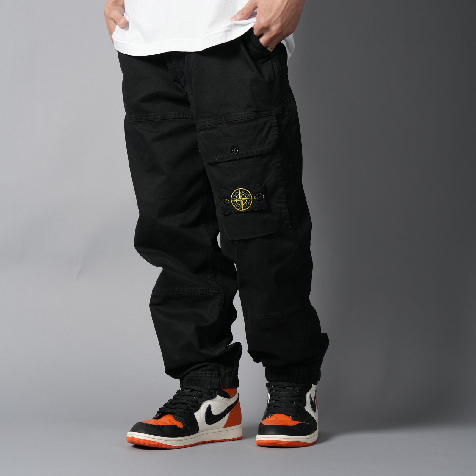 3100010 ORGANIC COTTON STRETCH BROKEN TWILL 'OLD' EFFECT / カーゴパンツ (ガーメントダイ) (ブラック)